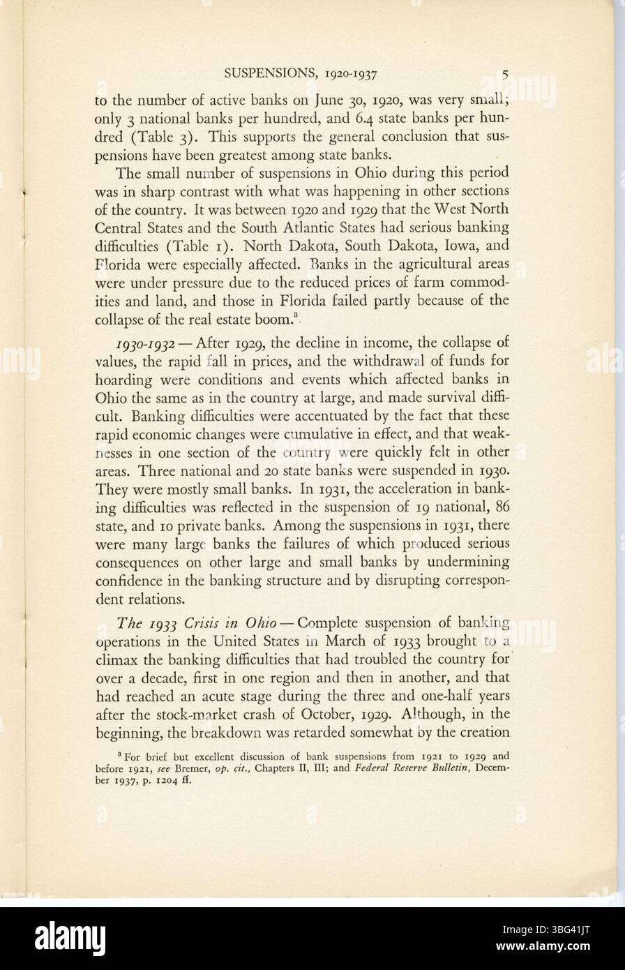 This 1938 publication on Ohio's bank suspensions and liquidations from 1920 to 1937 provides a thorough investigation of the liquidation results of Ohio's state banks, including analysis of the long-term economic effects of the closures. Stock Photo