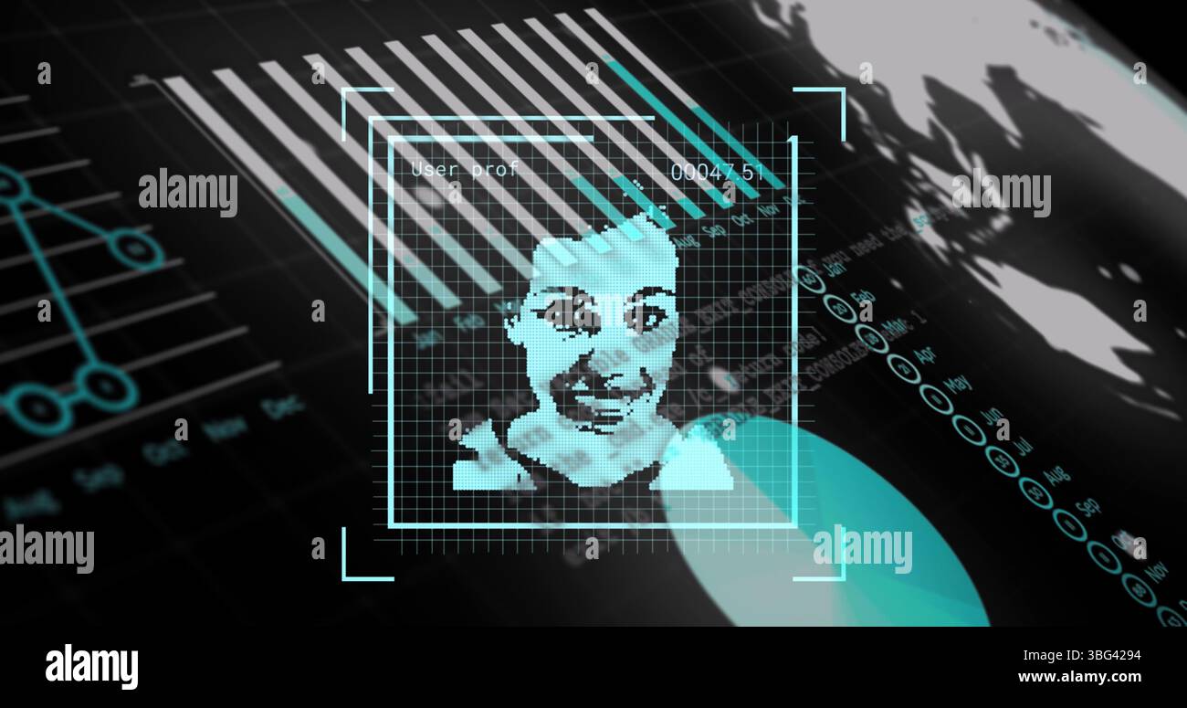 Image of user photos and graphs on black background Stock Photo