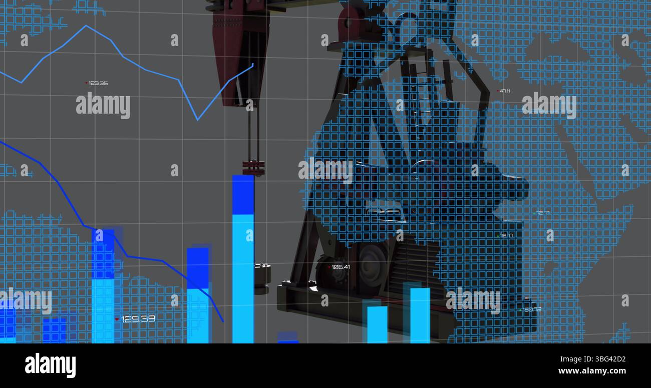 Image of financial graphs over refinery pump Stock Photo