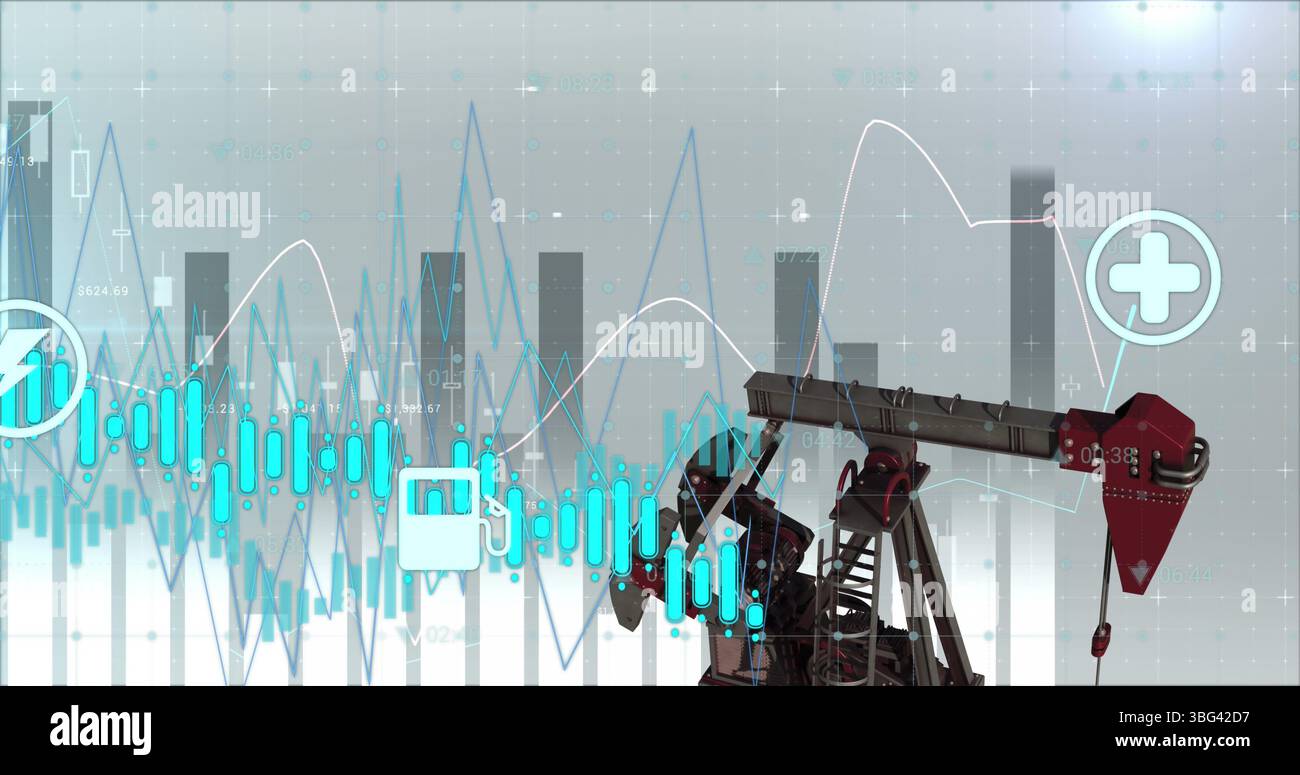 Image of financial graphs over refinery pump Stock Photo