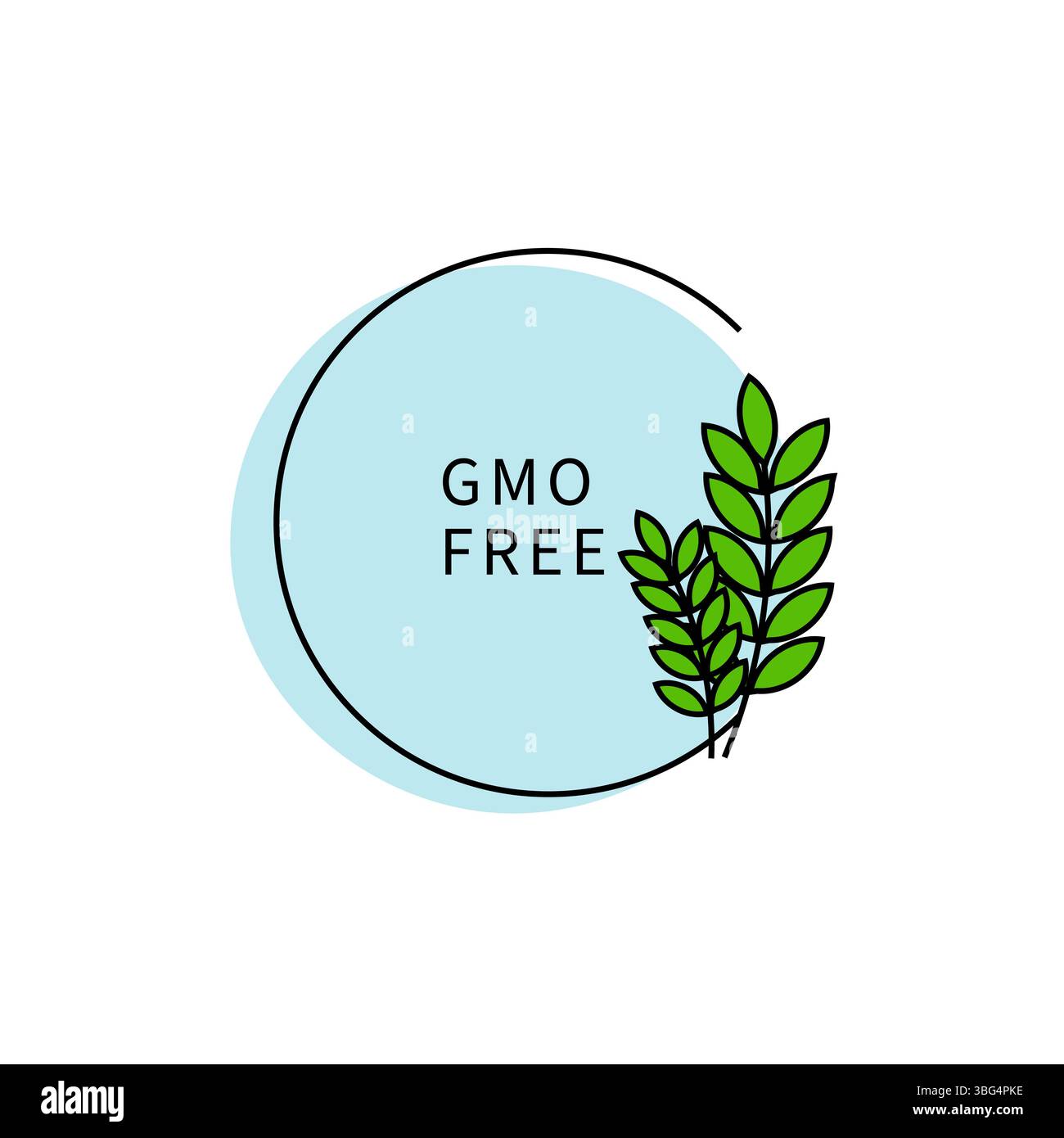 GMO free label. Green leaves emblem. Blue circle background. Vector eco ...
