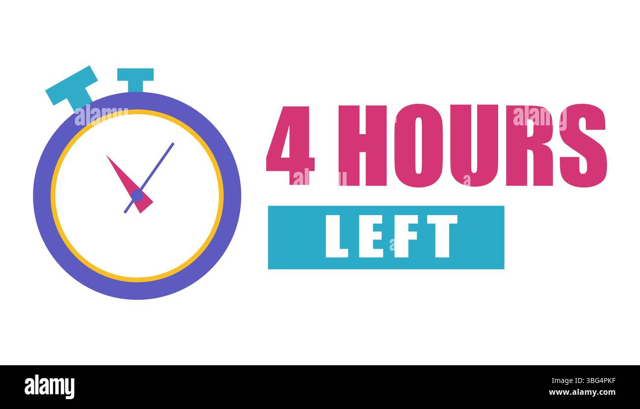 Stopwatch clock icon. Countdown four hours. Bold 4 hours left. Vector ...