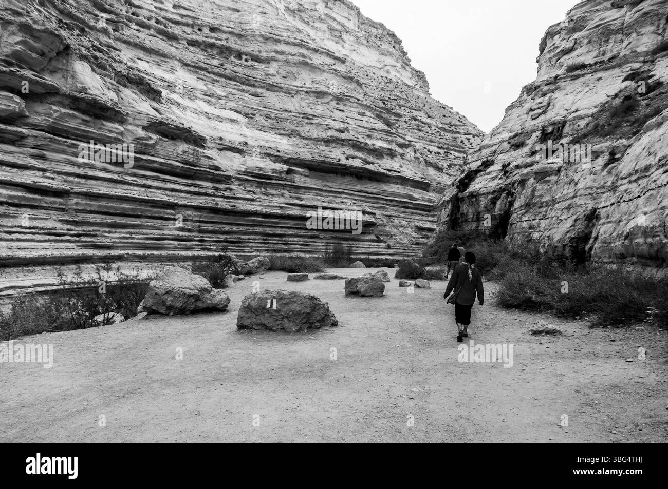 Two people are walking through a desert with a rocky landscape. The scene is calm and quiet, with the only sounds being the crunch of their footsteps Stock Photo