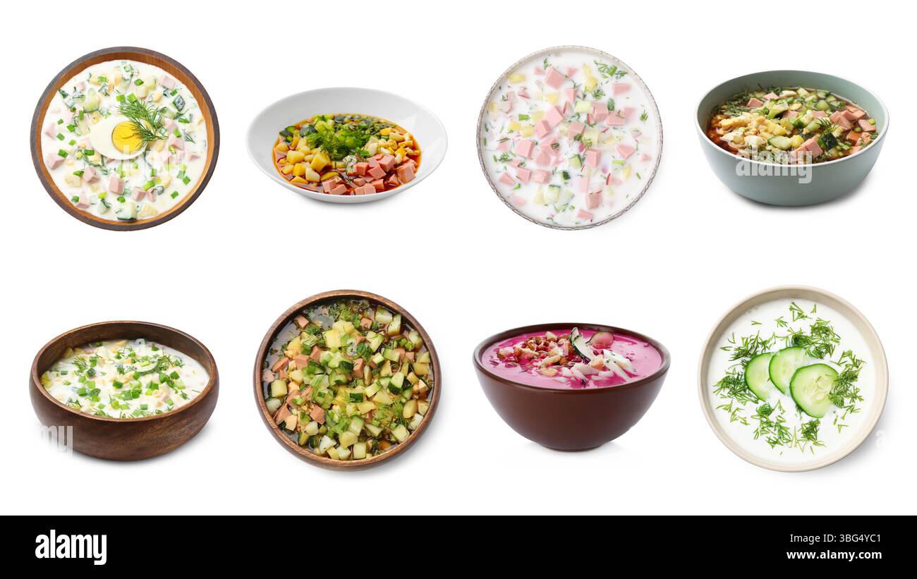 Cold soups in bowls isolated on white, set Stock Photo