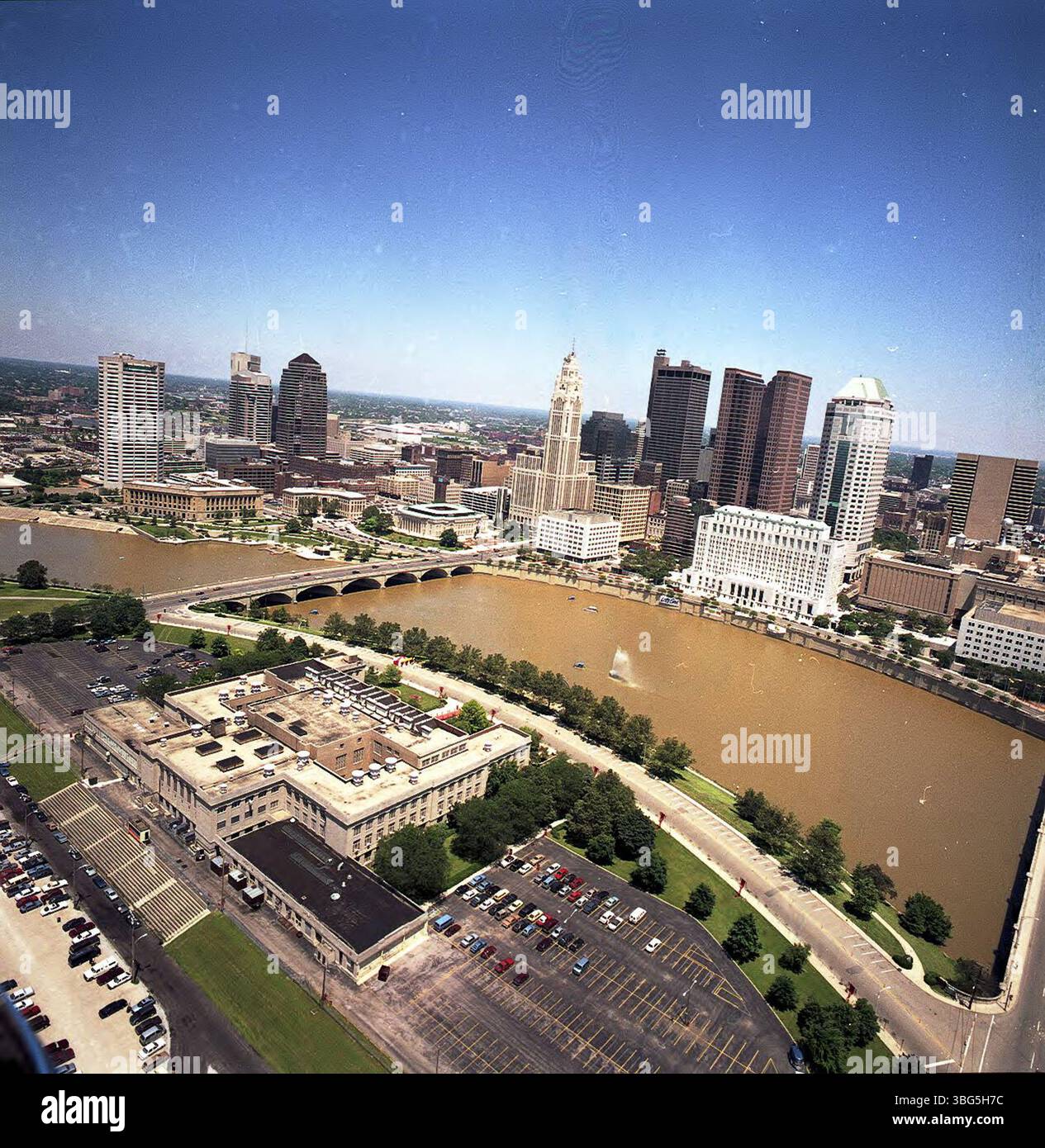 Aerial view of Columbus, circa 1990, showing Franklinton and the Scioto