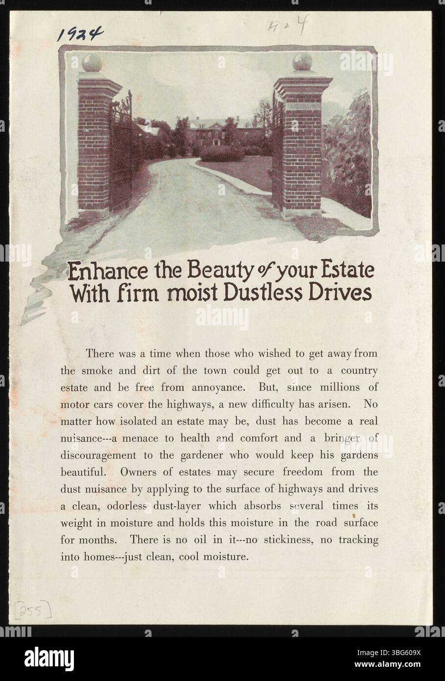 A 1924 sales pamphlet for Dowflake Calcium Chloride, a Dow Chemical Company product, marketed to control dust on unpaved roads and parking lots. The product also served as a deicer, helping to maintain roads and reduce maintenance. Stock Photo