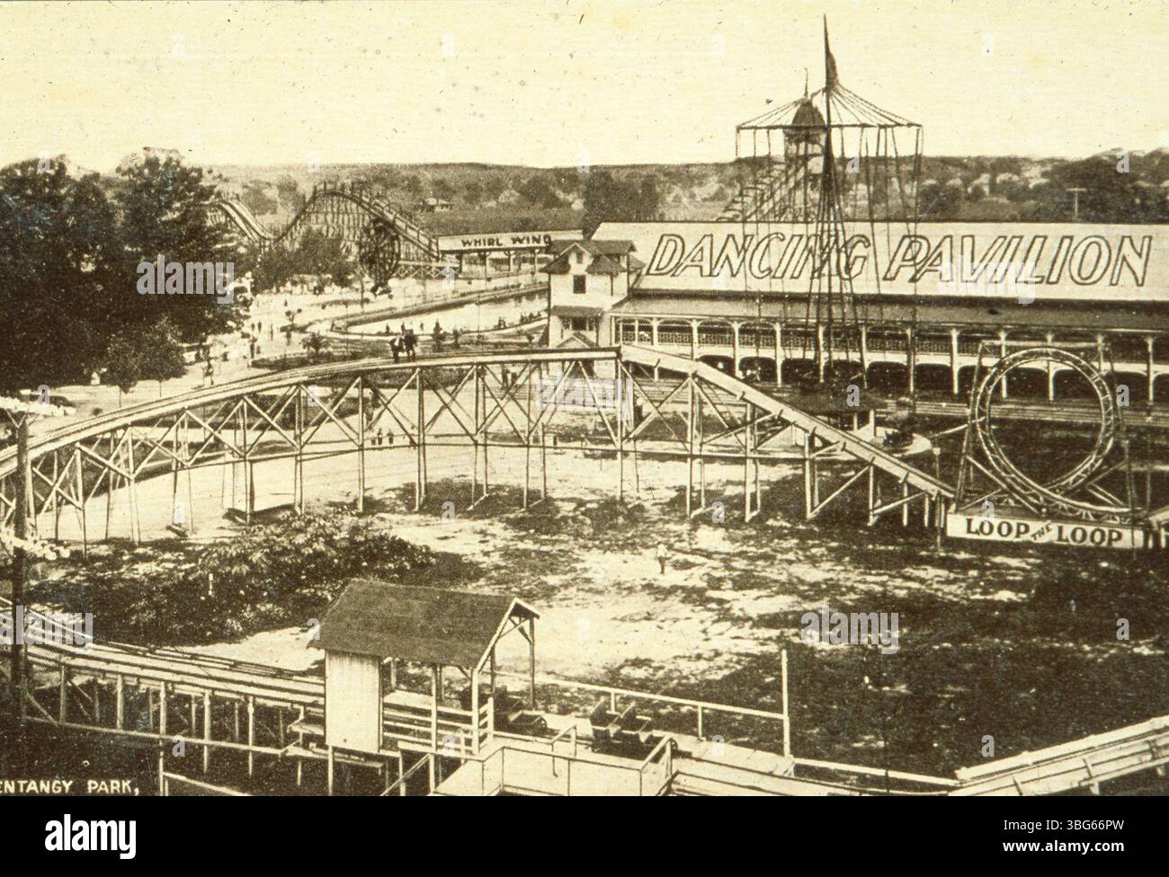 The elevated view of Olentangy Park showcases the loop the loop ride ...