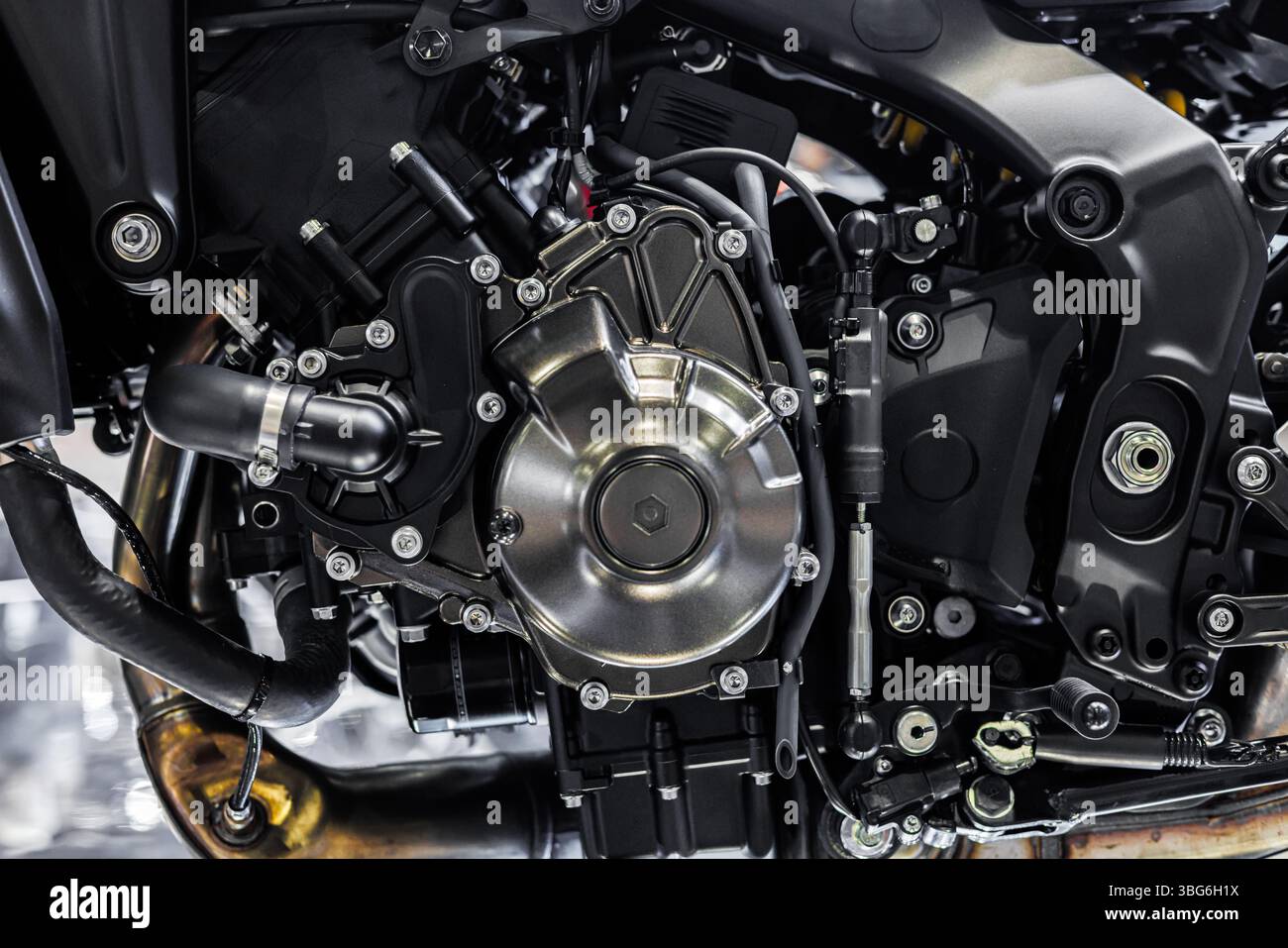 Closeup modern high Performance racing motorcycle engine metal part ...