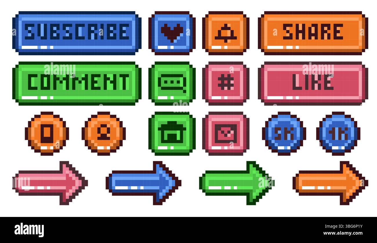Social media pixel buttons. Retro games style app interface, like ...