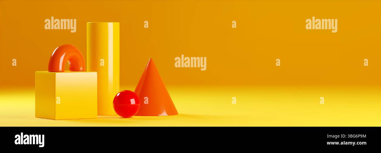 Building block toys composition with vibrant orange and yellow geometric shapes. Glossy cylinder and triangle, cube and arch on bright bg. Modern educational construction pieces for children play. Stock Vector