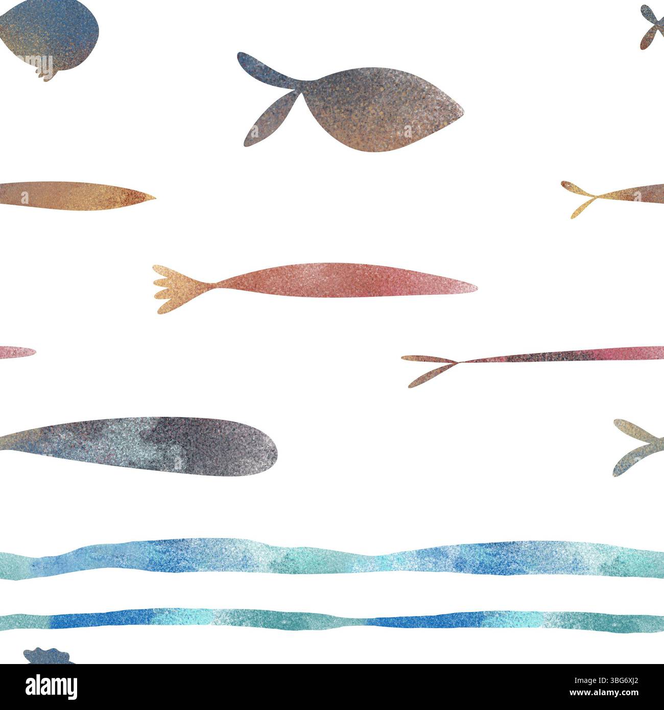 Seamless pattern and border with colorful fish in watercolor style, set ...