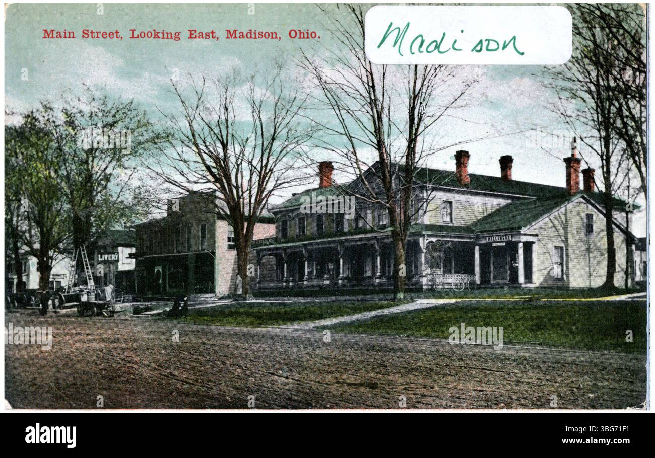 A colorized 1917 view of Main Street in Madison, Ohio, showcasing a ...