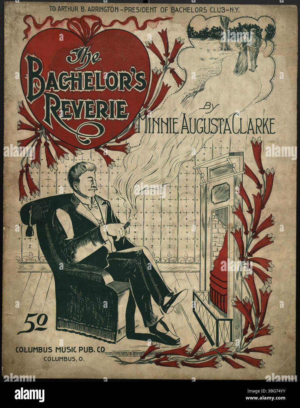 *Bachelors Reverie* (1903) cover shows a man sitting in a chair smoking a cigar. The smoke forms an image of a couple walking arm-in-arm. The cover is stamped: 'To Arthur B. Arrington, president of Bachelors Club, N.Y.' Stock Photo