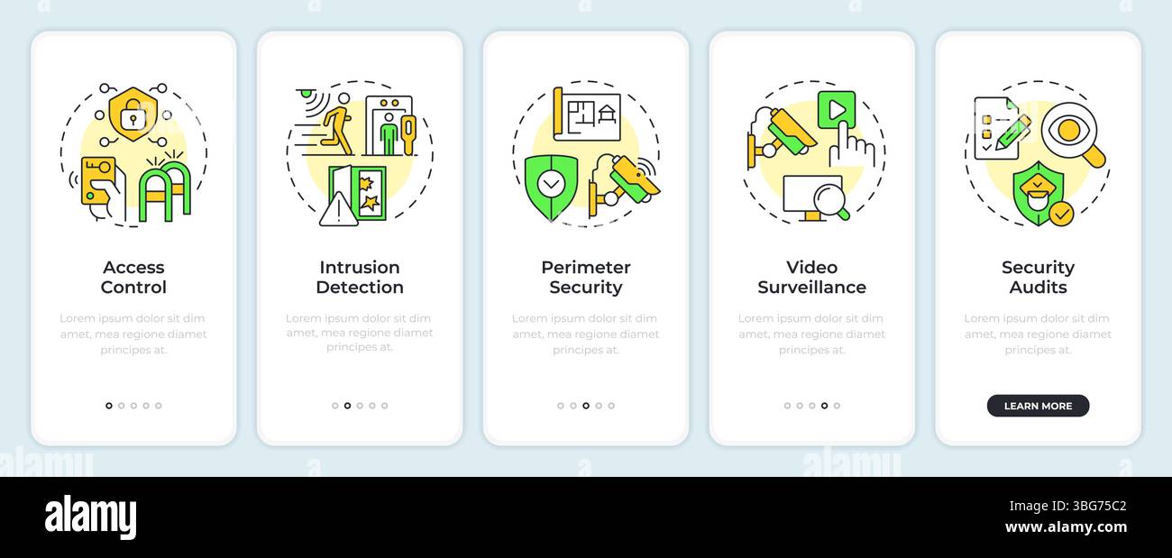 Components of physical security systems onboarding mobile app screen Stock Vector