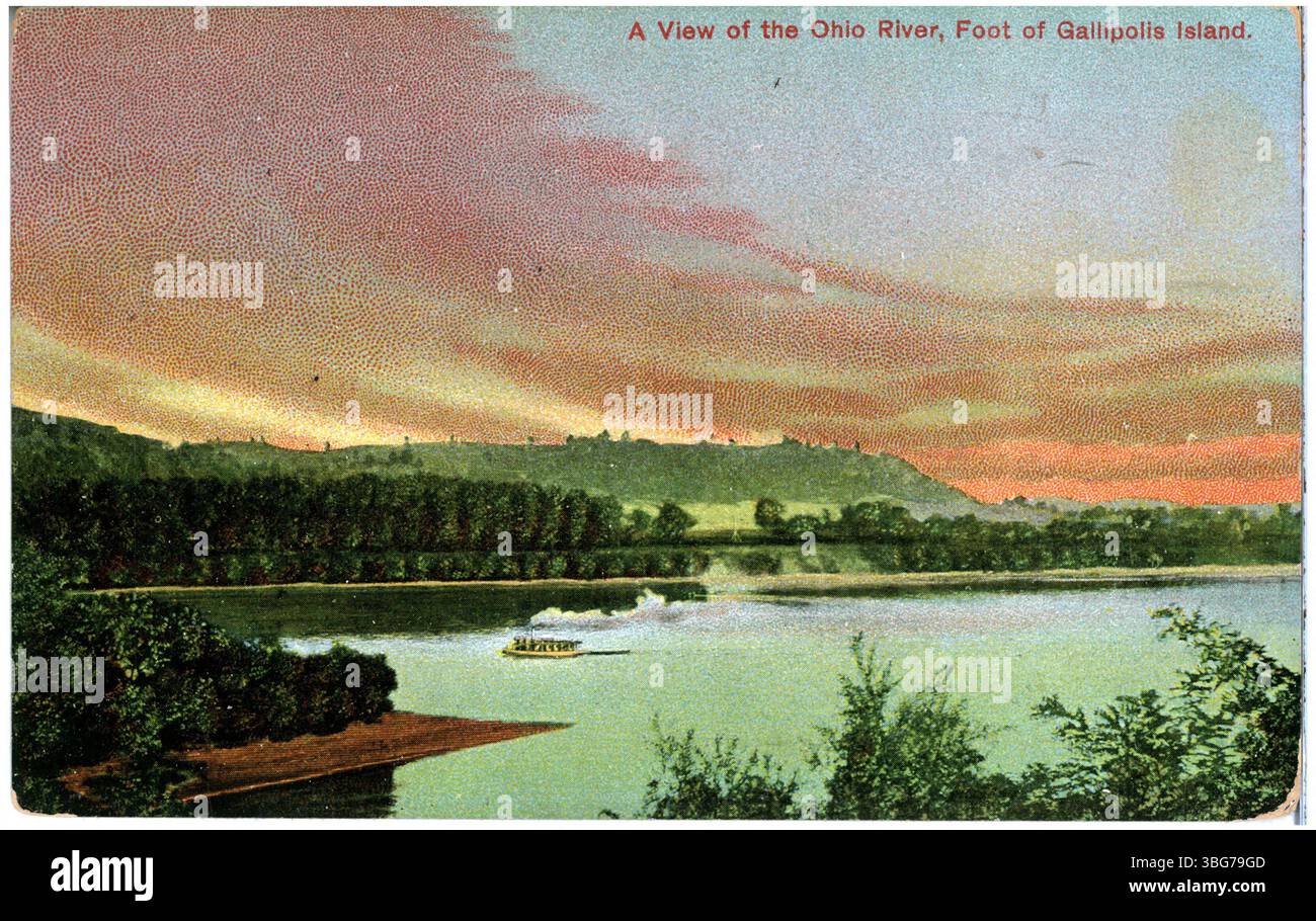 This 1908 colorized postcard shows a steam launch traveling on the Ohio River near Gallipolis Island, emphasizing river transport and scenic views. Stock Photo