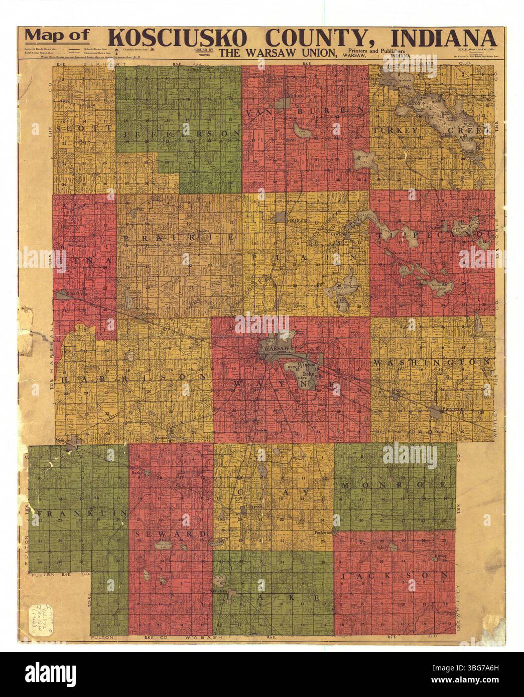 This 1916 map of Kosciusko County, Indiana, issued by The Warsaw Union ...