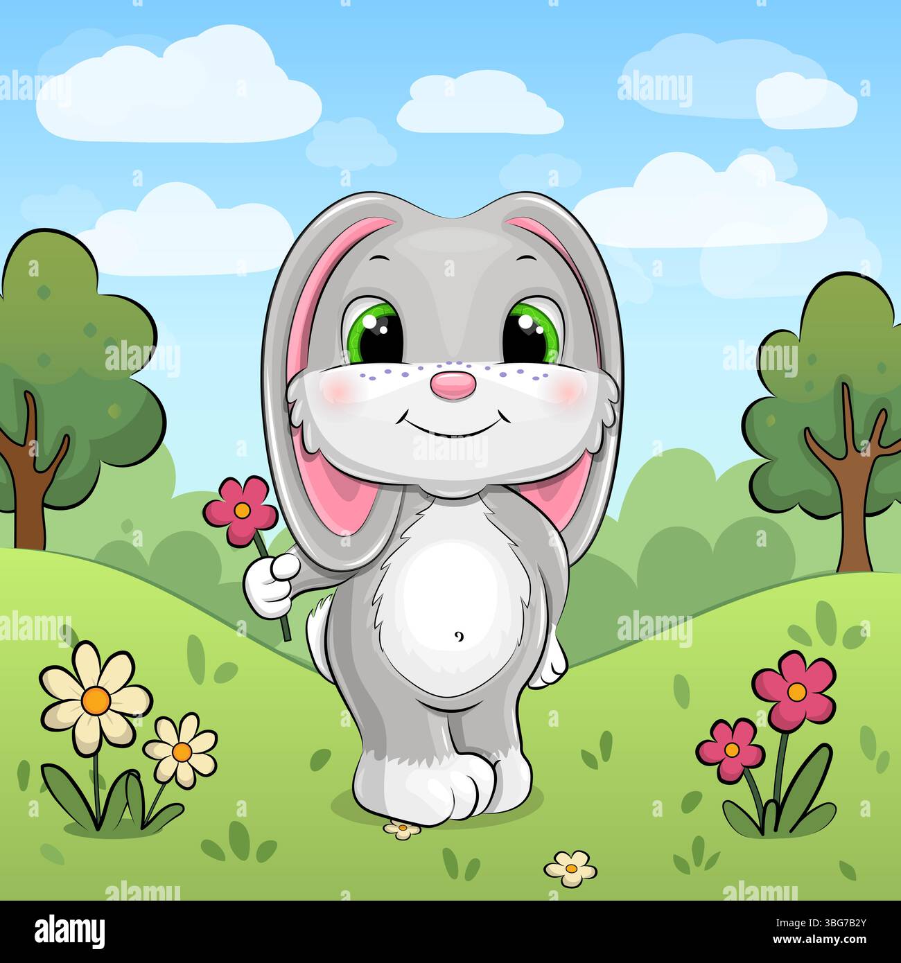 Cute Cartoon Gray Rabbit in Nature. Vector illustration of an animal ...