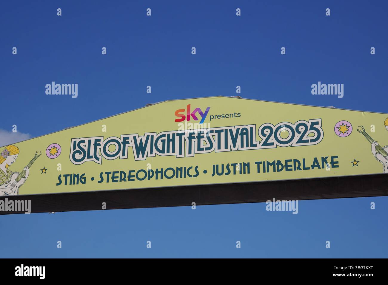Signage banner for the 2025 Isle of Wight festival - Southampton UK 17 May 2025 annual music festival with headliner acts Stock Photo