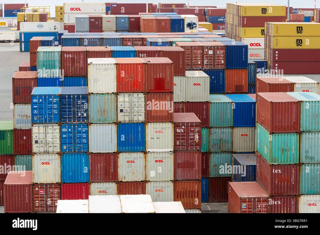 Stacks of Cargo containers in Wellington dock, Wellington, North Island, Wellington, New Zealand Stock Photo