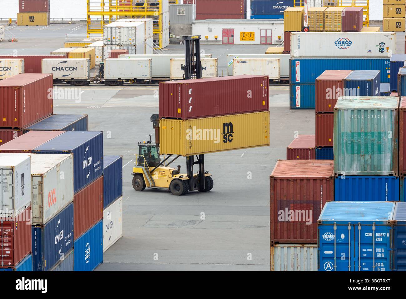 Forklift lifting a shipping container in Wellington dock, Forklift ...
