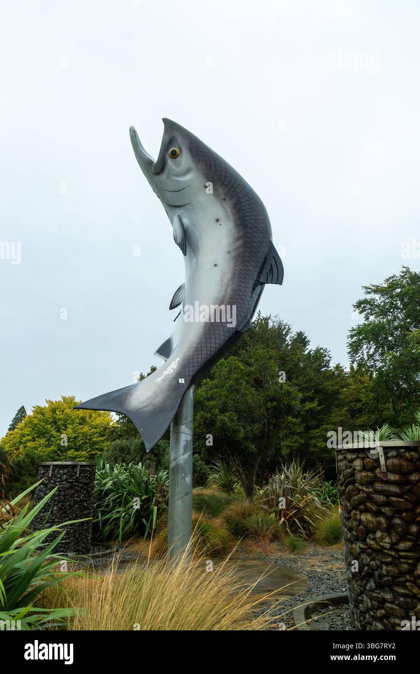 Rakaia's large fibreglass salmon, Rakaia, Canterbury, South Island, New Zealand Stock Photo