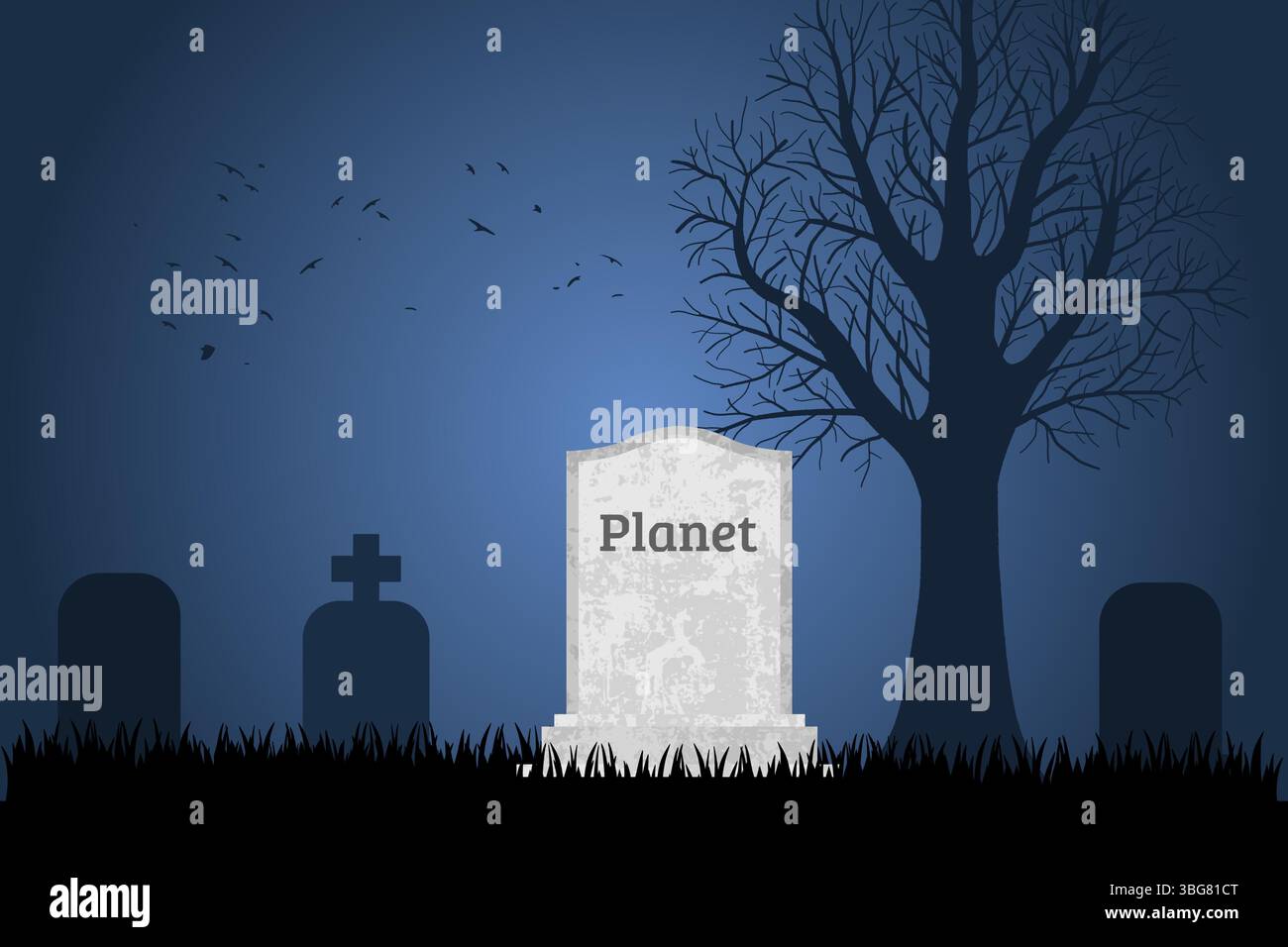 Planet is dead. Grave concept symbolizing environmental destruction problem, climate change and human pollution issues. Stock Vector