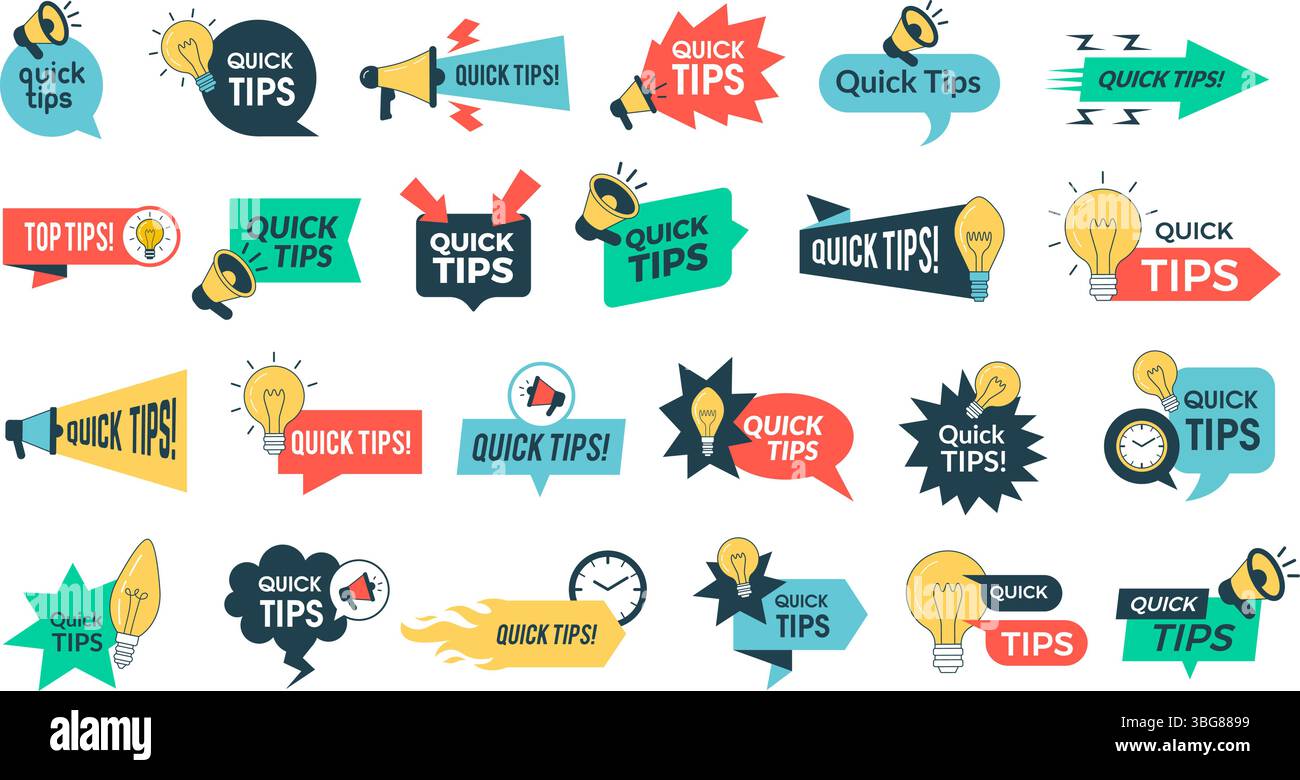 Quick tips. Promo banners in flat style quick tips info buttons design set recent vector template Stock Vector