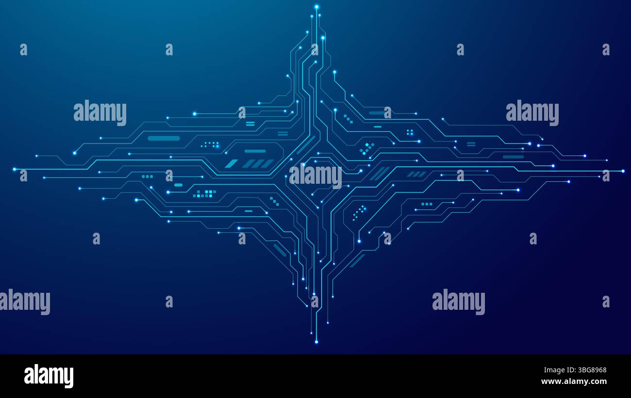Circuit board wires , light elements on tech blue background Stock Vector