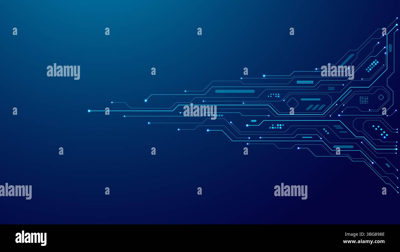 Circuit board wires and light elements on technology blue background Stock Vector
