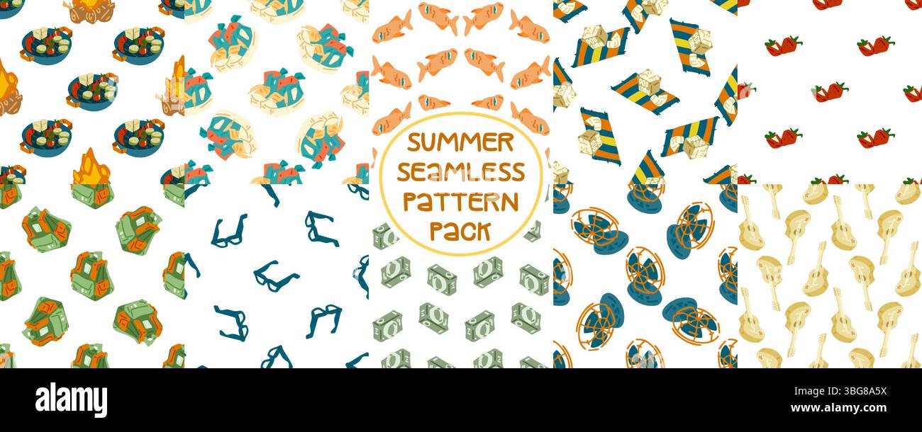 Summer Camping Seamless Pattern Pack Stock Vector