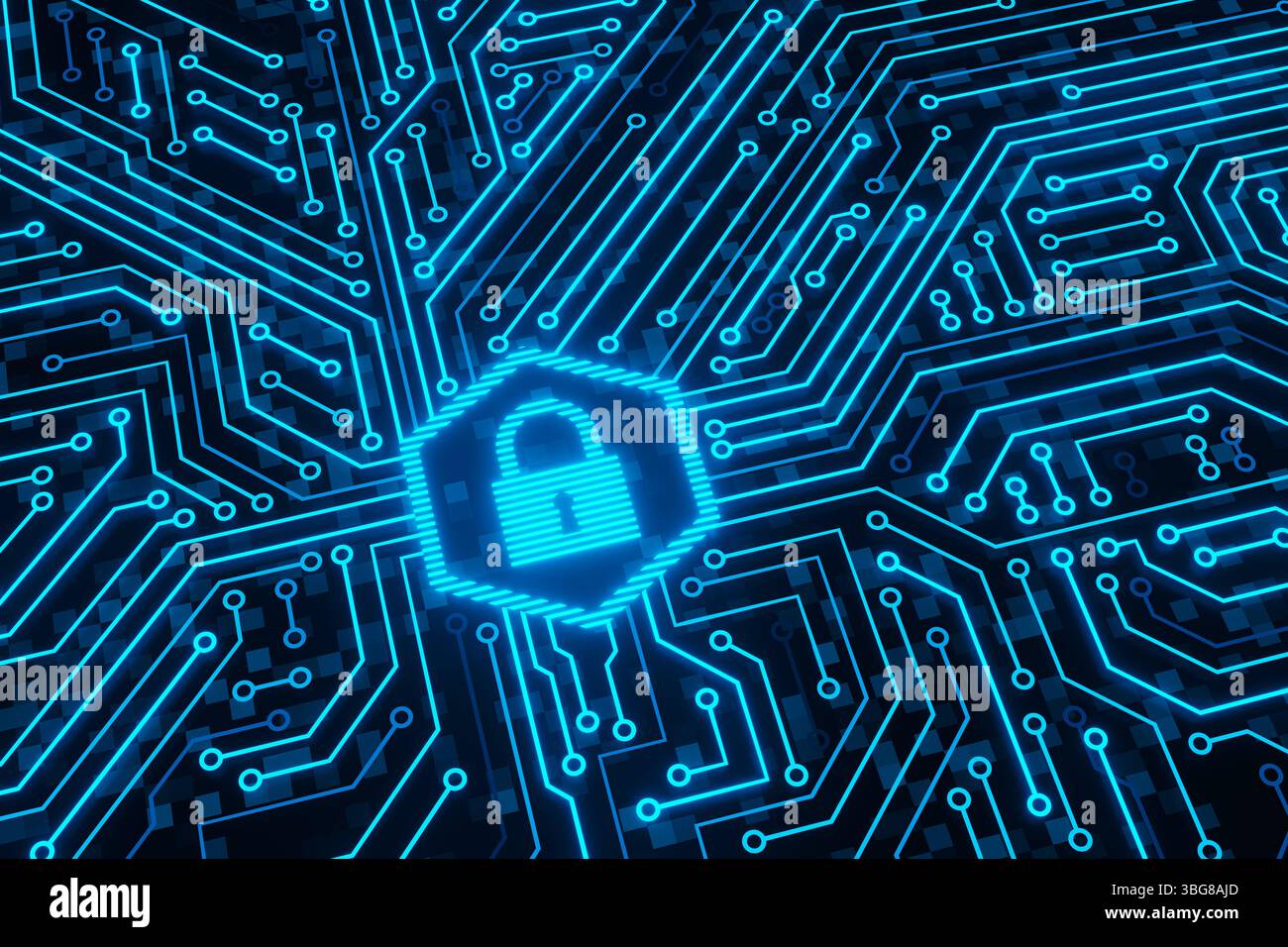 Blue glowing padlock icon inside a hexagon connected to an electronic ...