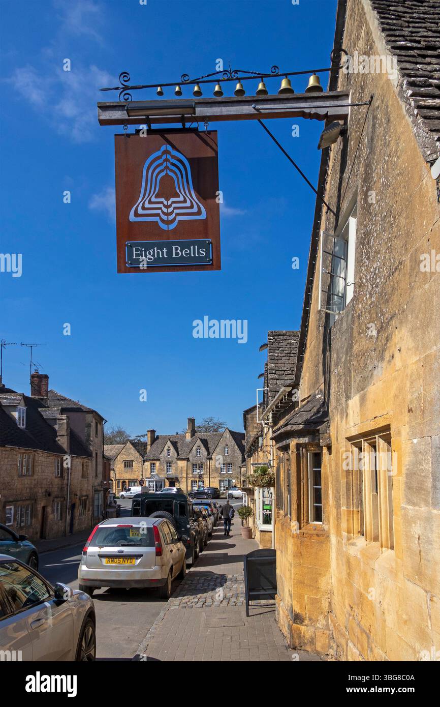 Pub Eight Bells, pub sign, Chipping Campden, The Cotswolds, England, Great Britain Stock Photo
