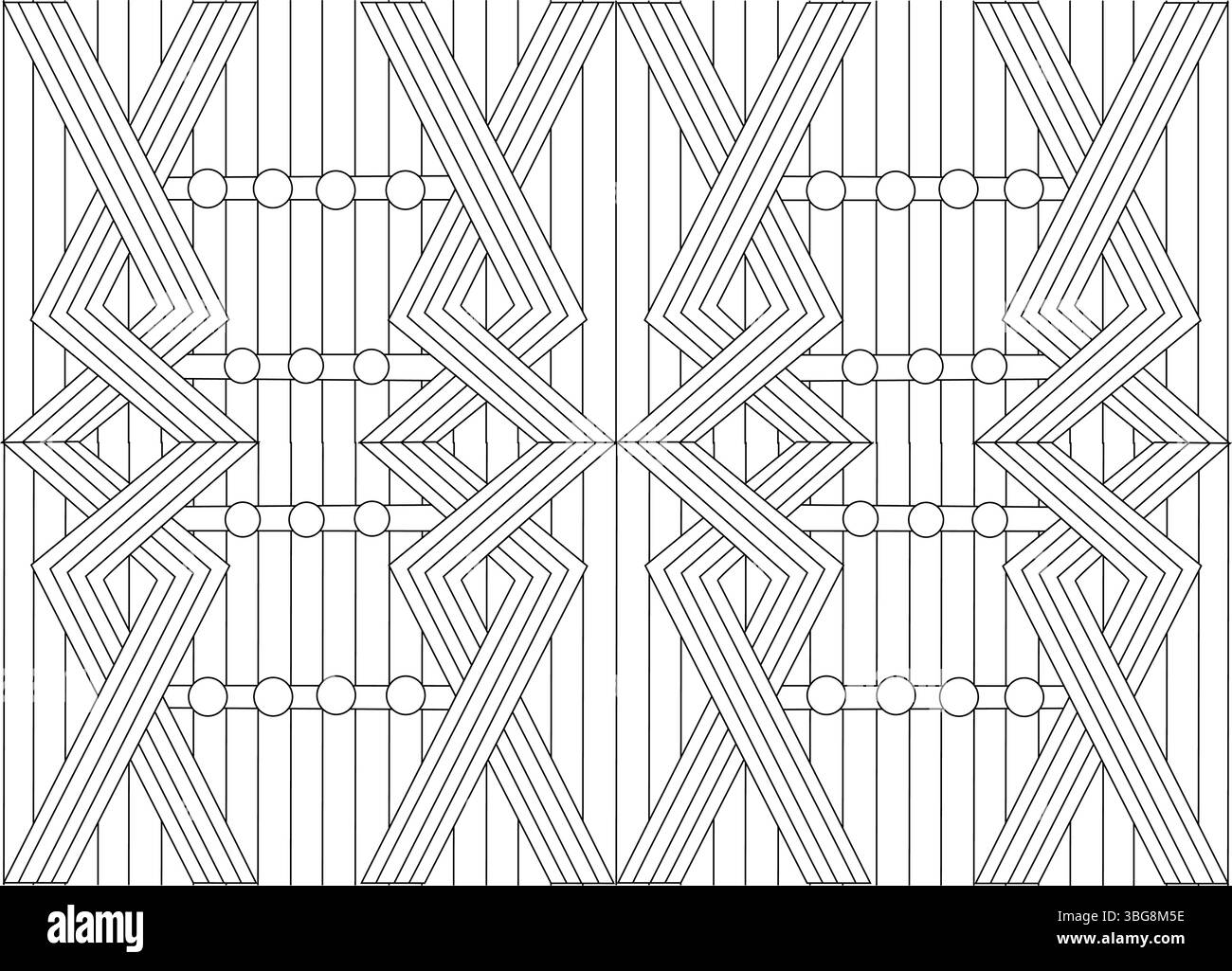 An intricate seamless vector pattern featuring overlapping linear geometric shapes forming a complex design with interspersed circles. Rendered in bla Stock Vector