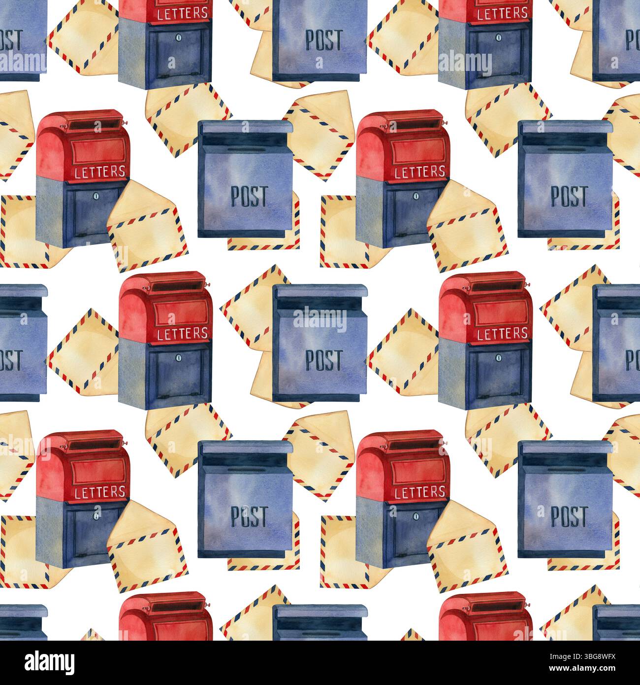 Seamless watercolor pattern on the theme of mail with a white ...