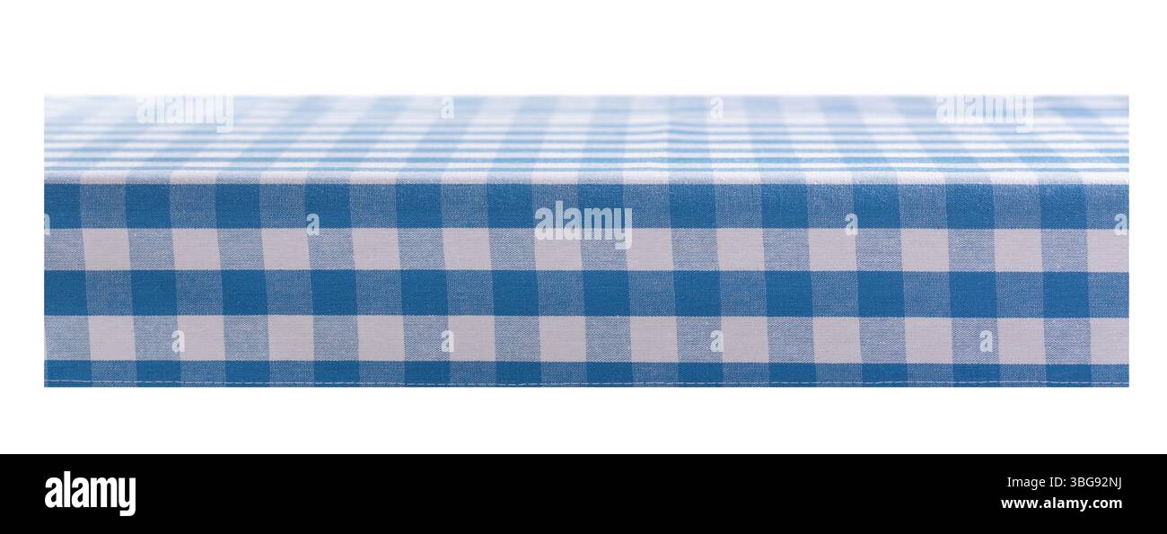 empty table with blue checkered tablecloth isolated on white background Stock Photo