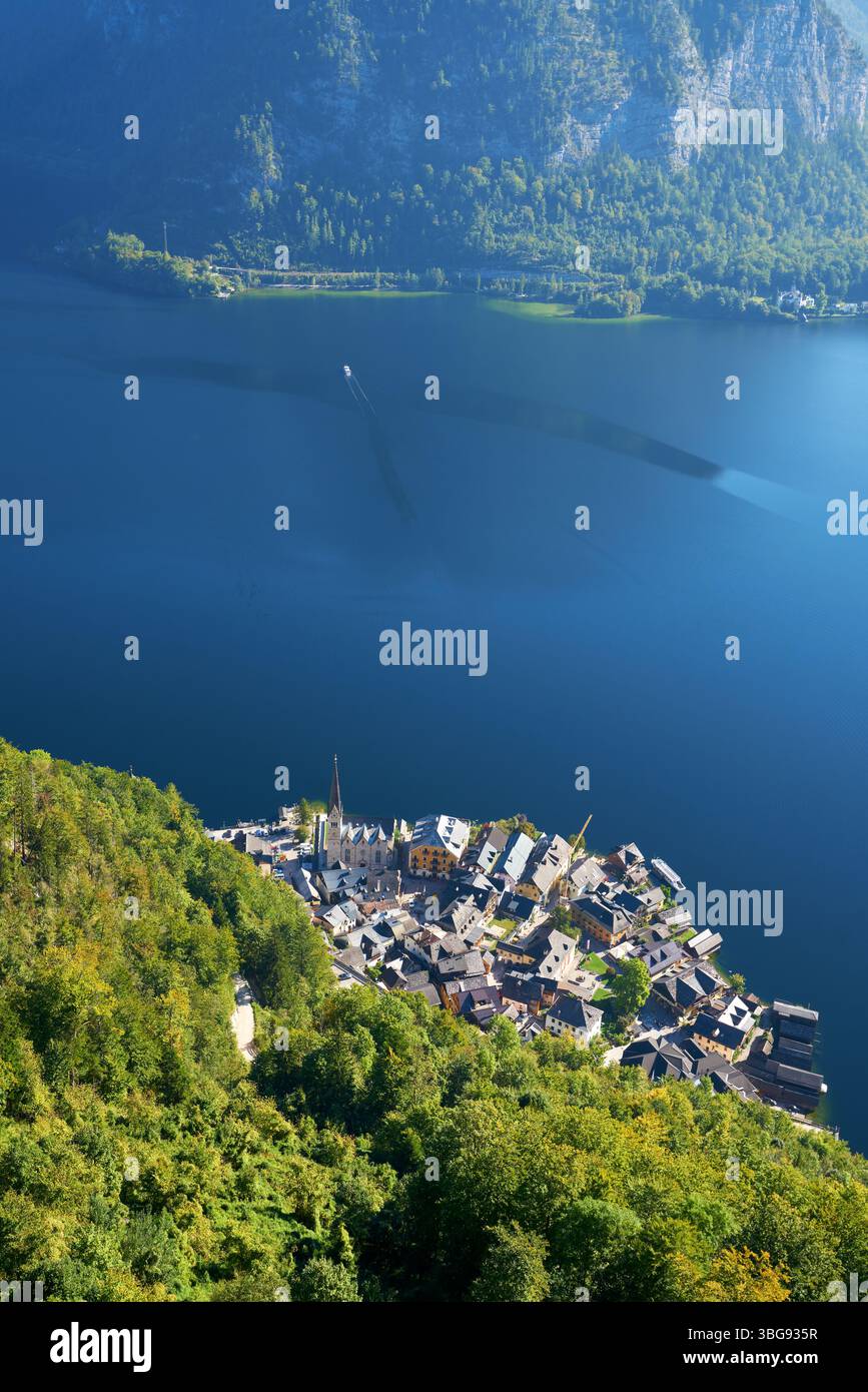 High Angle view over Hallstatt and Lake Hallstatt Austria. High angle view of historic Hallstatt village on Hallstatter lake in the Austrian Alps. Stock Photo