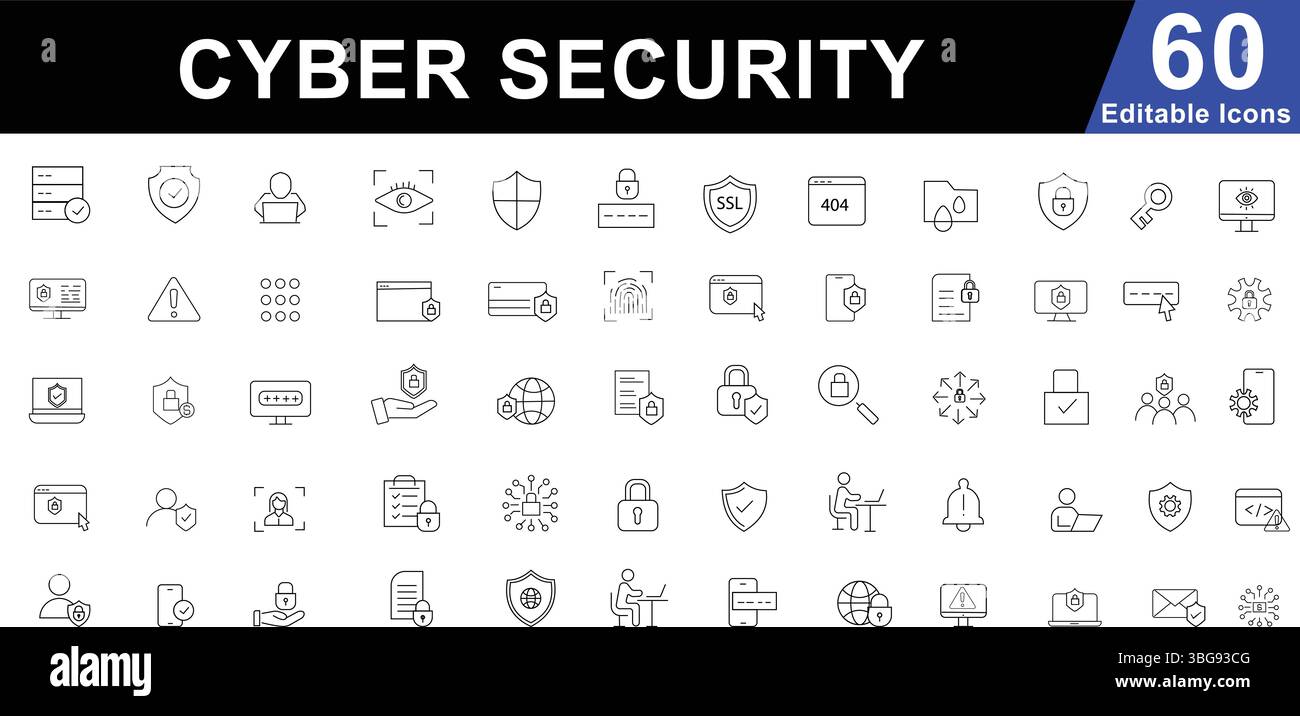 Cyber Security Line Icons set. Data Protection, Network Safety, Privacy & Digital Threat Symbols. Editable Vector Stock Vector
