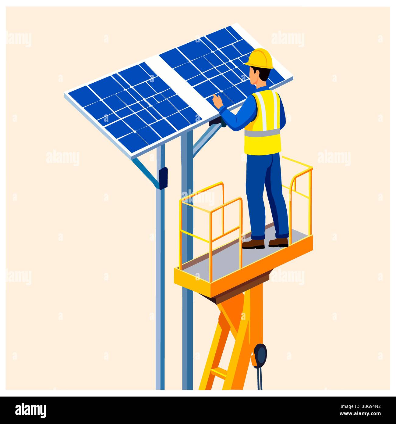 Vector illustration of a technician wearing a hard hat and life jacket on a lifting platform installing solar panels on a tall structure. Concept of r Stock Vector