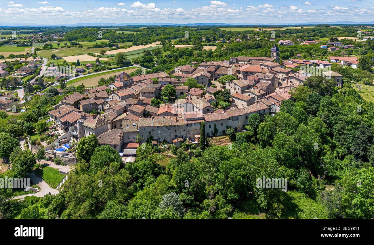 Aerial view of the medieval walled town of Pérouges in the French ...