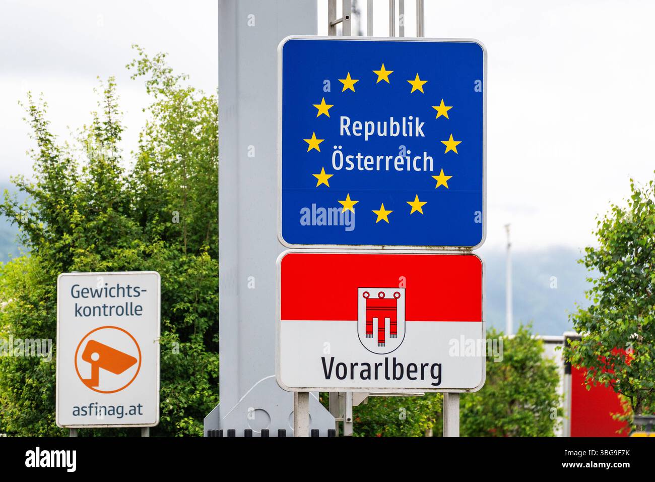 Vorarlberg, Austria - June 4, 2025: The EU border sign and the ...