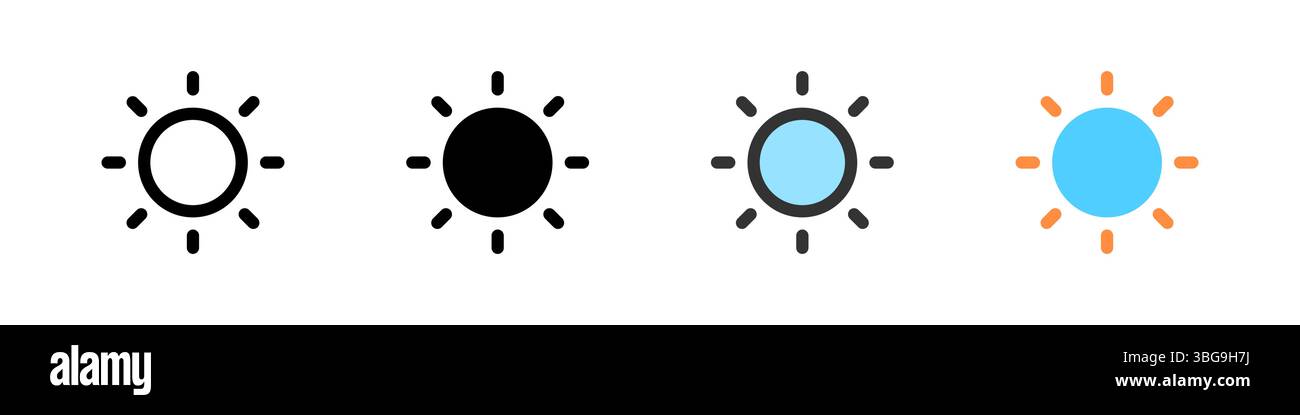 Icon set for brightness. Great for apps, displays, or lighting controls. Stock Vector