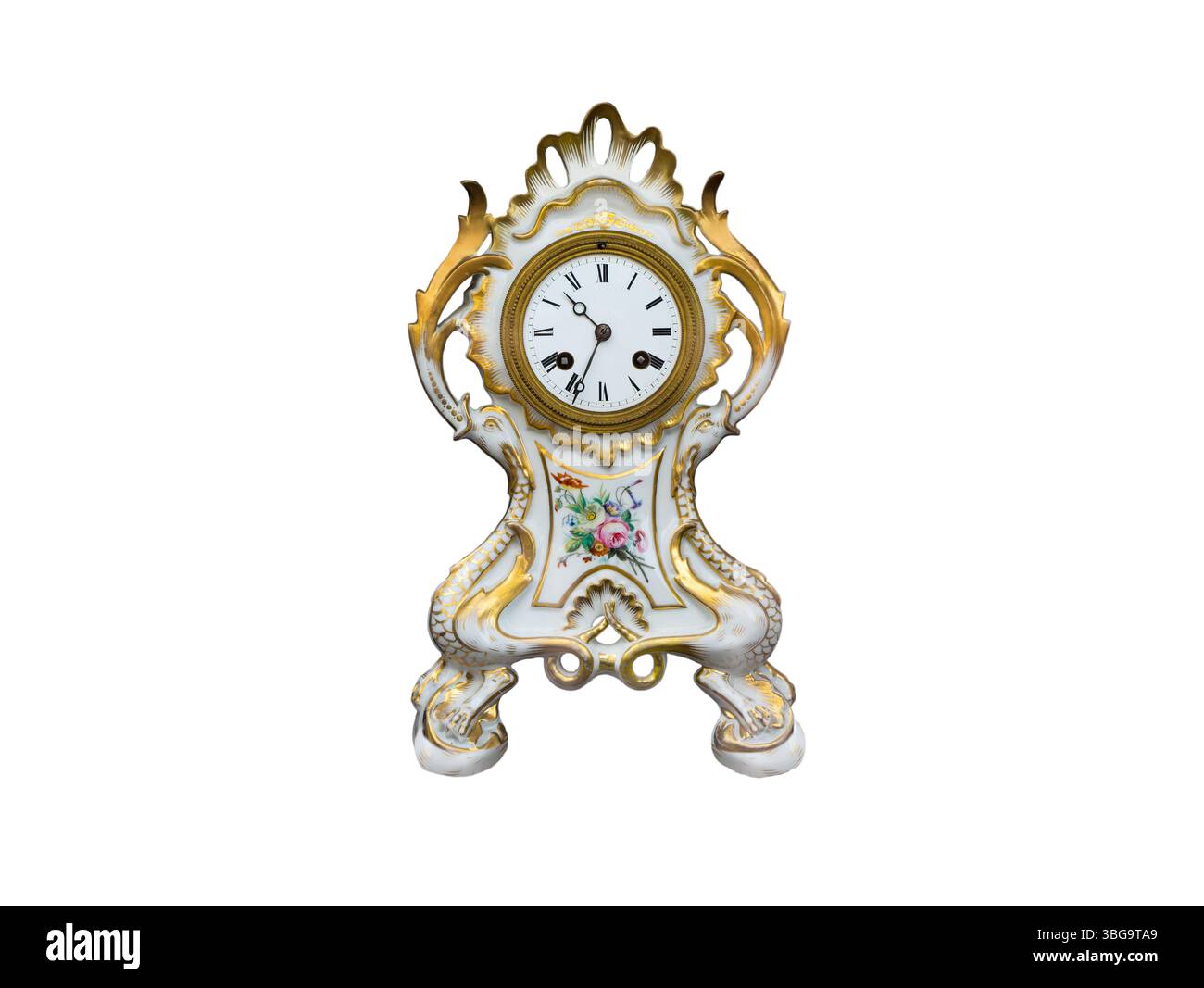 medieval porcelain clock isolated on white background Stock Photo - Alamy