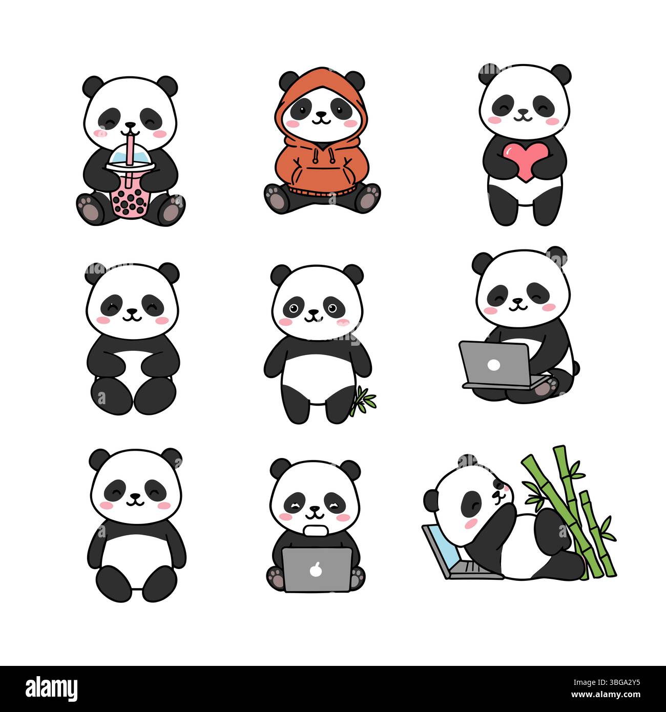 Cute Panda Character Engaged in Different Activity Vector Set Stock Vector