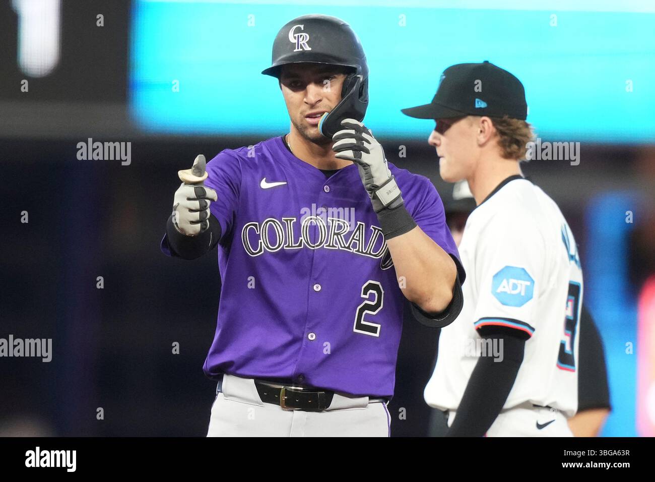 Colorado Rockies' Tyler Freeman (2) reacts after hitting double during ...