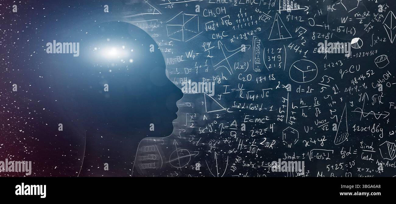 Silhouette of human with universe and physical, mathematical formulas ...