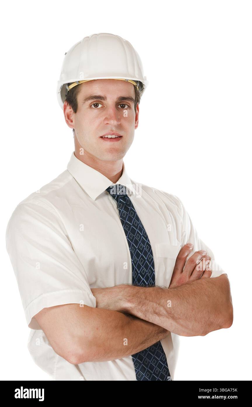Slight side upper body view of a young man with crossed arms, white ...