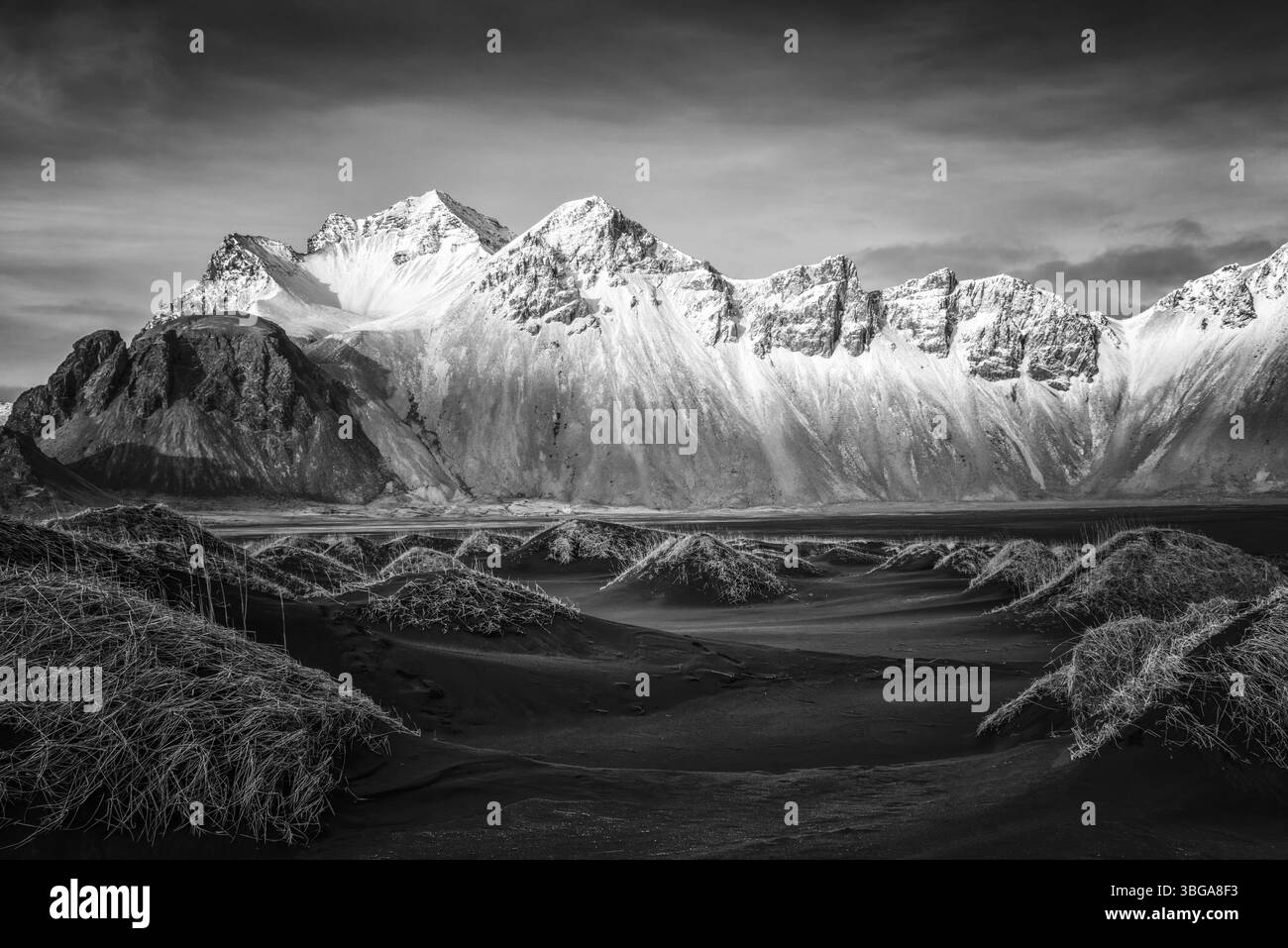 Vestrahorn mountain range and Stokksnes beach panorama, near Hofn, Iceland. Vatnajokull National Park Stock Photo
