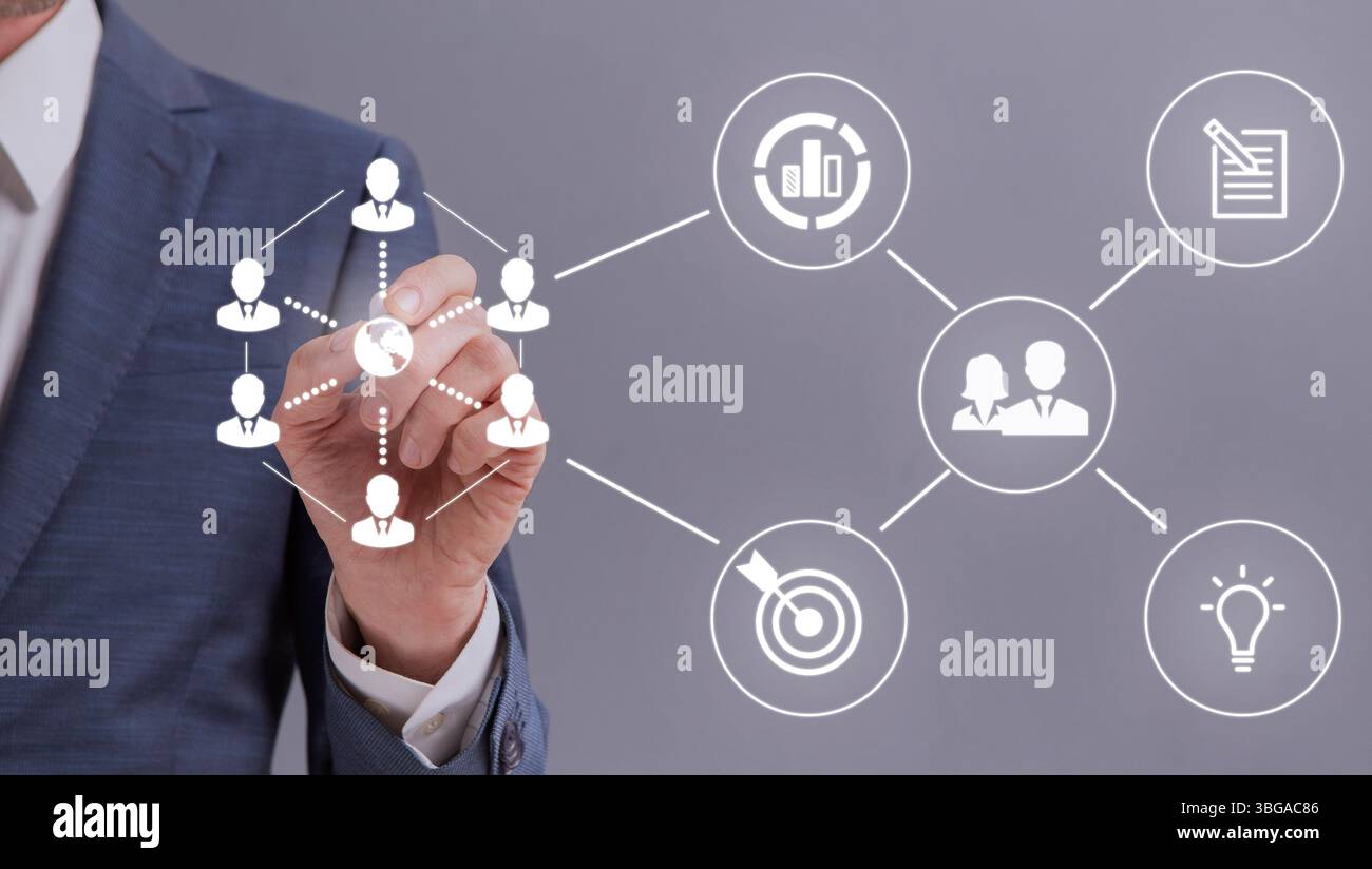 Unrecognizable entrepreneur touching white icons on interactive screen Stock Photo