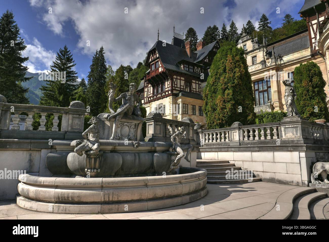 A view of the fairy-tale Neo-Gothic Romanian castle of Peles in autumn Stock Photo