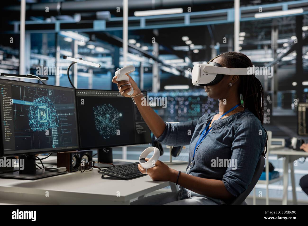 Programmer in data center wearing VR headset using AI powered tech to run simulations. IT expert using virtual reality, coding algorithms to extract insights from data and automate rigs Stock Photo